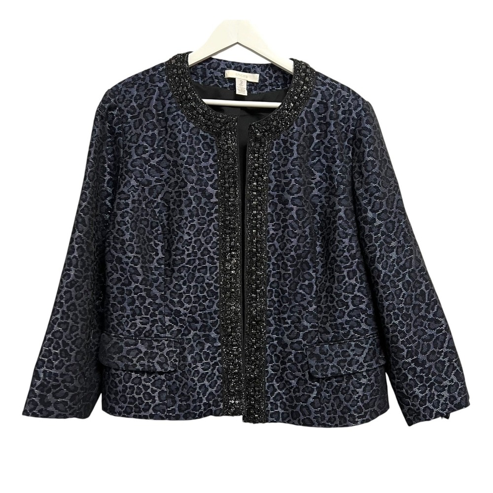 Chico's Jacket Women XL Blue Leopard Ribbon Trim Open Front Blazer Evening Glam